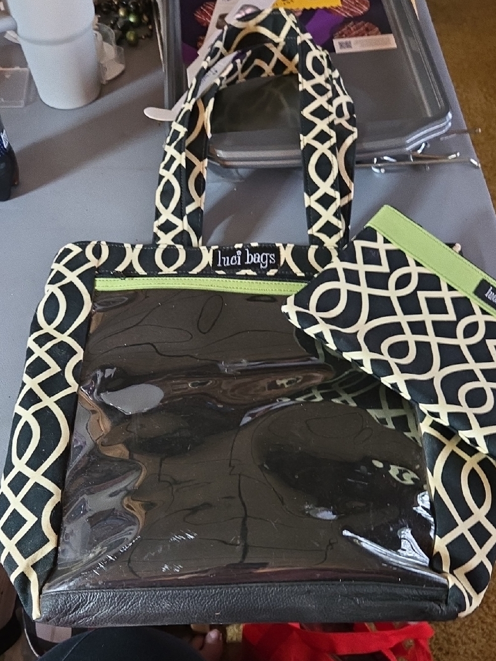 Black & Cream Patterned Tote with Lime Accent